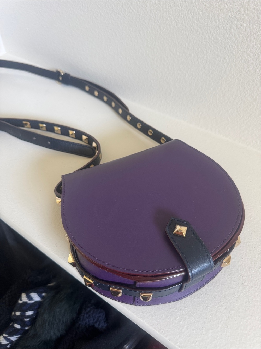 Rebecca Minkoff Purple Leather Crossbody Saddle Bag with Studded Strap